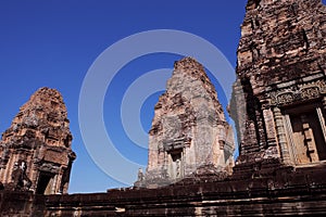 Stone towers of a medieval Khmer temple. Baray eastern Mebon