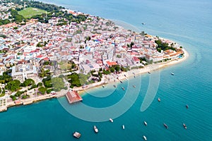 Stone Town, old colonial center of Zanzibar City. House of Wonders. The Old Fort. Unguja, Tanzania. Aerial view.