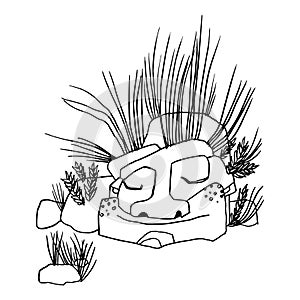 Stone troll black and white drawing. Cute troll smiling, his head is overgrown with grass. Vector illustration