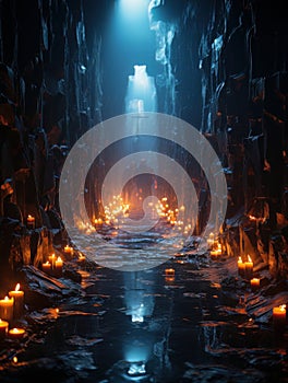 Stone tunnel in fantasy style, mystical catacombs illuminated by fire AI