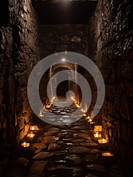 Stone tunnel in fantasy style, mystical catacombs illuminated by fire AI