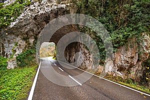 Stone tunnel road in mountain scenary in Somiedo natural park, Asturias, Spain photo