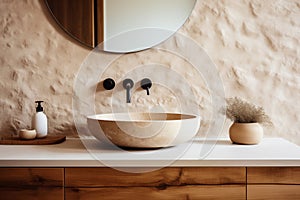 Stone vessel sink with mirror against textured stone wall in minimal bathroom in natural earth tones