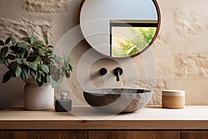Stone vessel sink with mirror against textured stone wall in minimal bathroom in natural earth tones