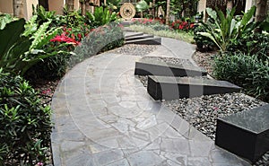 Stone Walkway with Bushes Alongside