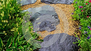 Stone walkway in cozy garden with flower and plant.