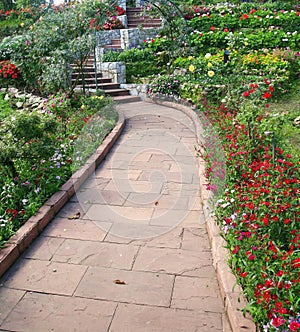 Stone walkway in flower garden