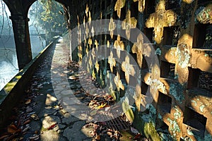 Stone walkway next to historic building with geometric pattern, covered in leaves