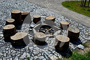 Stone walkways through a nature park made of irregular pieces. There are scabs on the pavement and around there are logs on which