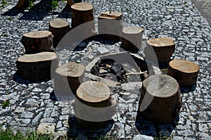 Stone walkways through a nature park made of irregular pieces. There are scabs on the pavement and around there are logs on which