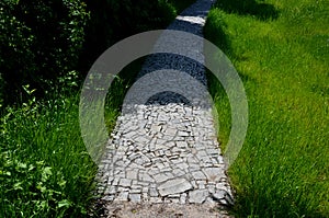 Stone walkways through a nature park made of irregular pieces. There are scabs on the pavement and around there are logs on which