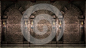 Stone wall with arches and torches