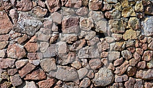 Stone wall background with variety of rocks. Uneven and textured rocks with gaps