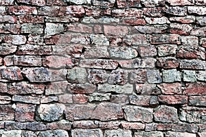 Stone wall closeup, horizontal stonewall pattern background, old aged weathered red and grey grunge limestone dolomite slate slab