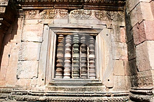 stone wall with colorful balustre at Phonom Rung Temple in Burirum Thailand