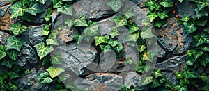 Stone Wall Covered in Green Ivy Leaves