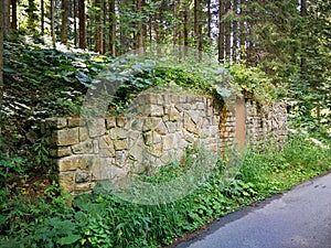 Stone wall with door, built into a slope in the forest, view from the left