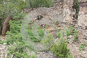 Stone wall of fallen mercantile building