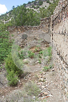 Stone wall of fallen mercantile building