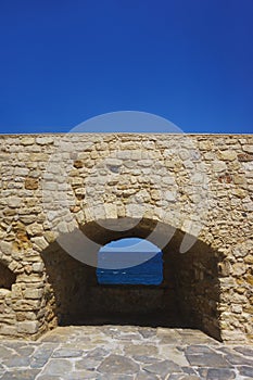 Stone wall of the fortress Kules in Heraklion on the island of Crete, Greece.