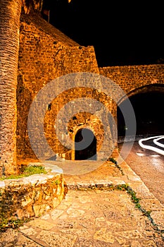 Stone wall in Herceg Novi at night