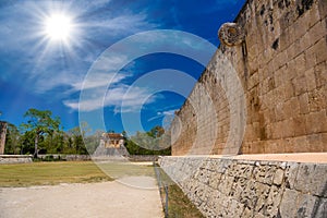 Stone wall with a ring of Grand Ball Court, Gran Juego de Pelota of Chichen Itza archaeological site in Yucatan, Mexico