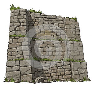 Stone wall structure with a tiered, step-like design resembling ancient ruins. photo