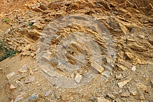 Stone wall texture. Geological structure of shale and mudstone clastic sedimentary rock