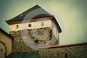 Stone wall and tower.Part of medieval fortification.