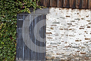 Stone wall with weathered door and ivy