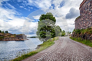 Stone walls of the fortress of Sveaborg on the island of Sumenlinna, the island of Finland. Sights of Northern Europe and Finland