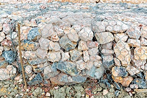 Stone walls, protection from backshore erosion. Stones in a metal mesh. Gabion wall constructed using steel wire mesh basket. Stee photo