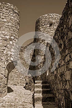 Stone walls and round tower at the Marvao Castle