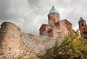 Stone walls of sacred orthodox Church of the Archangels. Built in 16th century, Gremi town, Georgia.