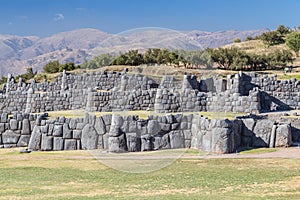 Stone Walls at Saksaywaman, Saqsaywaman, Sasawaman, Saksawaman, Sacsahuayman, Sasaywaman or Saksaq Waman citadel fortress in Cusco photo