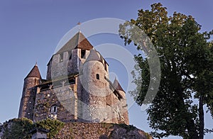 Stone walls and towers of a medieval castle