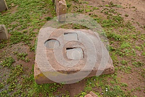 Stone walls uncovered by archaeologists at the Puma Punku, a UNESCO world heritage site. Tiwanaku, Bolivia