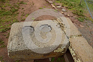 Stone walls uncovered by archaeologists at the Puma Punku, a UNESCO world heritage site. Tiwanaku, Bolivia