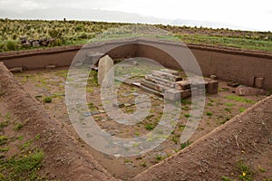 Stone walls uncovered by archaeologists at the Puma Punku, a UNESCO world heritage site. Tiwanaku, Bolivia