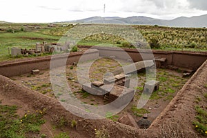Stone walls uncovered by archaeologists at the Puma Punku, a UNESCO world heritage site. Tiwanaku, Bolivia