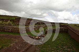 Stone walls uncovered by archaeologists at the Puma Punku, a UNESCO world heritage site. Tiwanaku, Bolivia