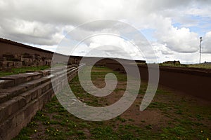 Stone walls uncovered by archaeologists at the Puma Punku, a UNESCO world heritage site. Tiwanaku, Bolivia