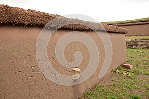 Stone walls uncovered by archaeologists at the Puma Punku, a UNESCO world heritage site. Tiwanaku, Bolivia