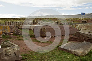 Stone walls uncovered by archaeologists at the Puma Punku, a UNESCO world heritage site. Tiwanaku, Bolivia