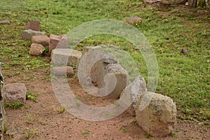 Stone walls uncovered by archaeologists at the Puma Punku, a UNESCO world heritage site. Tiwanaku, Bolivia