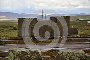 Stone walls uncovered by archaeologists at the Puma Punku, a UNESCO world heritage site. Tiwanaku, Bolivia