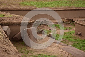 Stone walls uncovered by archaeologists at the Puma Punku, a UNESCO world heritage site. Tiwanaku, Bolivia