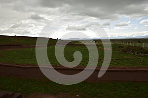 Stone walls uncovered by archaeologists at the Puma Punku, a UNESCO world heritage site. Tiwanaku, Bolivia