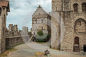 Stone watch-tower, door and walls inside the Gravensteen Castle at Ghent