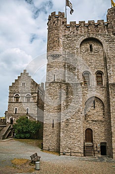 Stone watch-tower, door and walls inside the Gravensteen Castle at Ghent